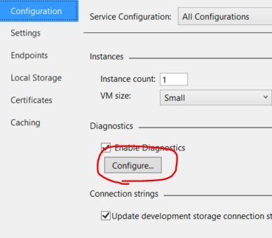 Configure button in the Diagnostics section of Properties