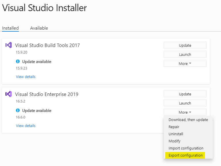 Selecting export configuration in VS Installer