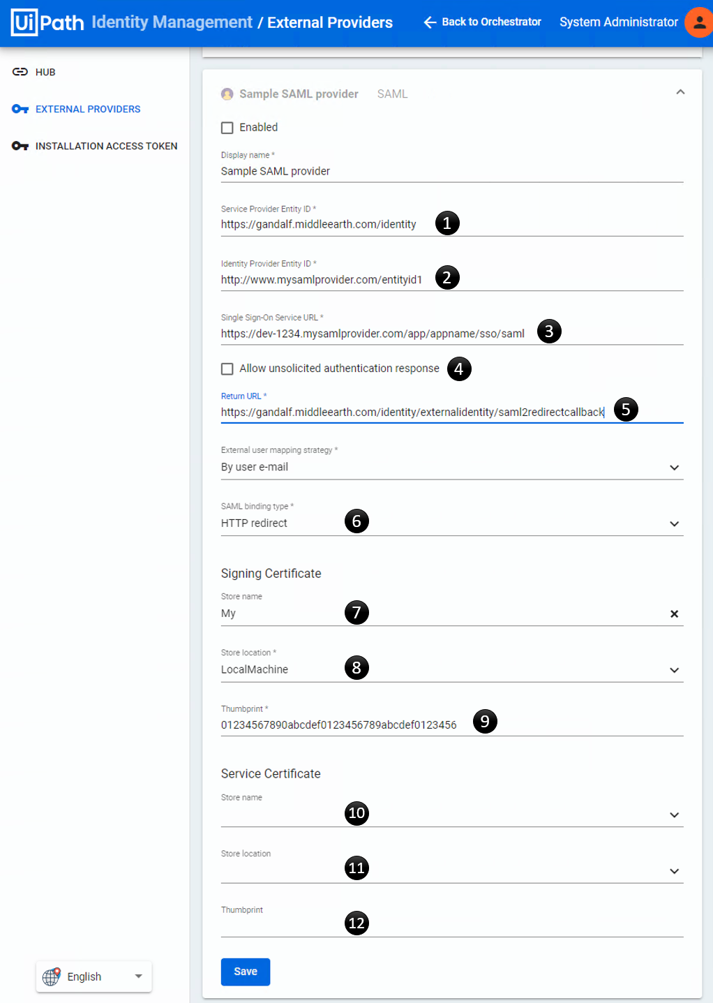 UiPath Identity Server External Identity Providers SAML provider configuration page with labels